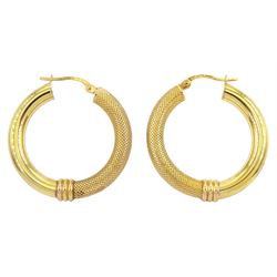 Pair of 9ct gold textured and polished hoop earrings, stamped 375