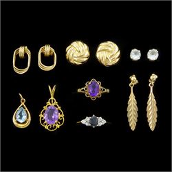 9ct gold jewellery including amethyst ring, similar pendant, aquamarine pendant, sapphire ...