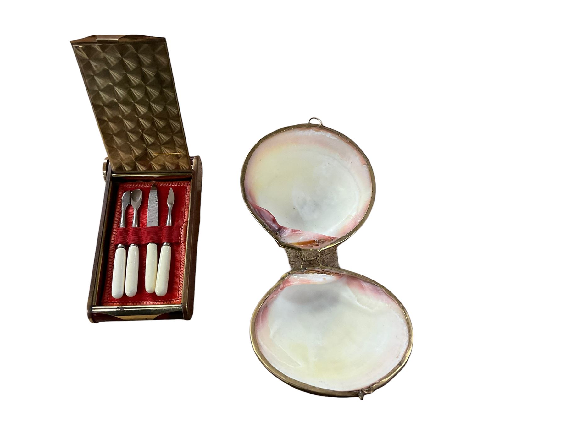 Art Deco musical powder compact, in the form of a camera, with simulated tortoiseshell and brass banded borders, together with a shell box and a miniature dressing table mirror