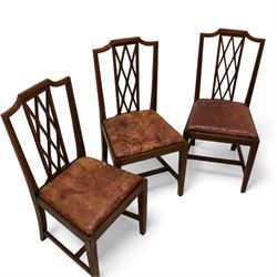 Set of six Edwardian inlaid mahogany dining chairs, lattice back with boxwood stringing, leather upholstered drop in seats