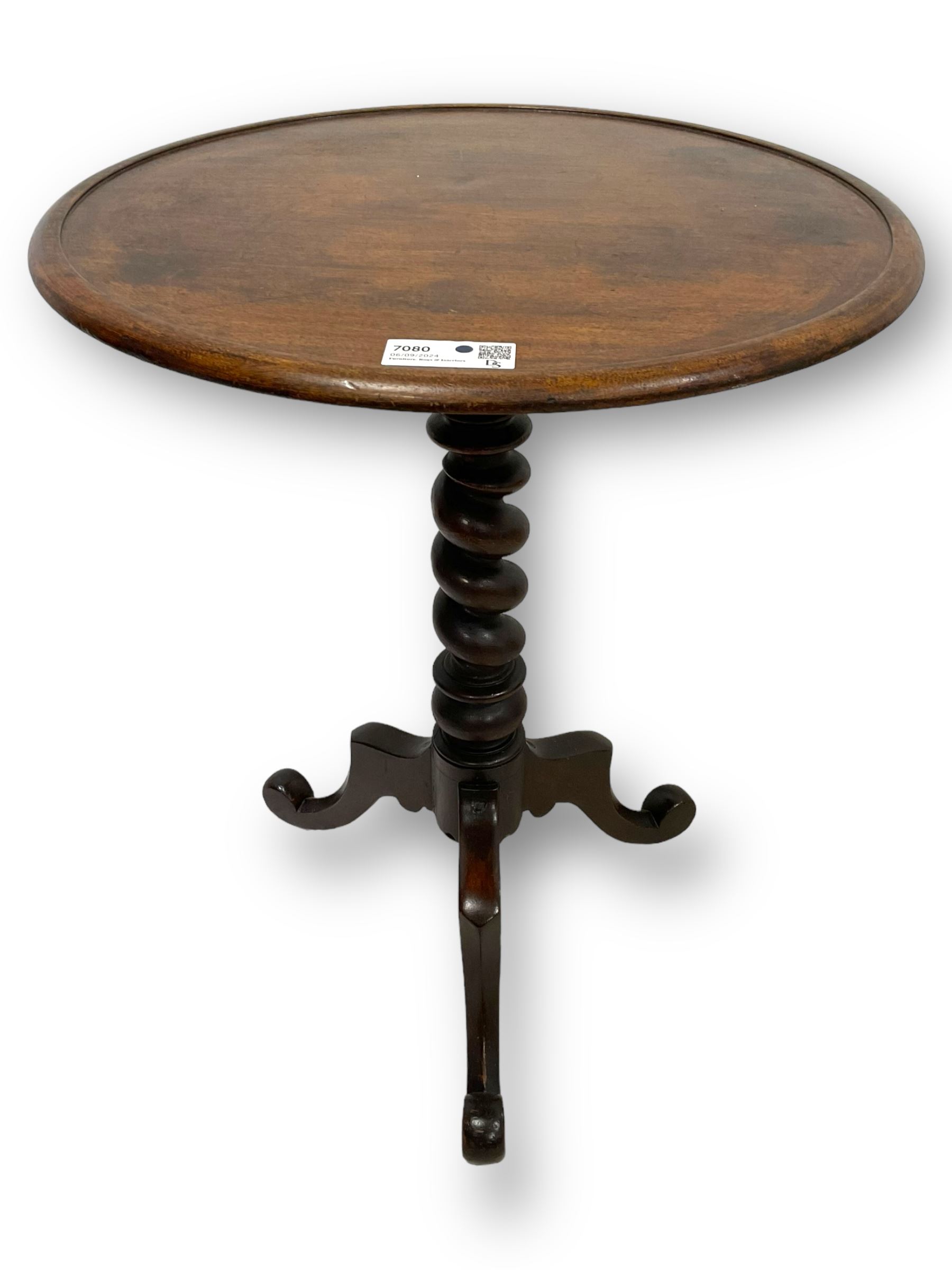 Victorian mahogany tripod table, dished circular top on spiral turned column, three splayed supports with scrolled terminals 