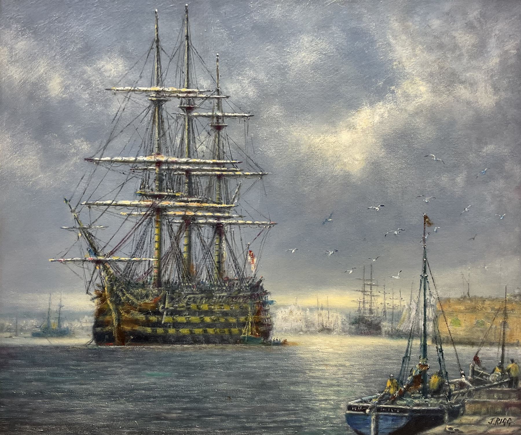 Jack Rigg (British 1927-2023): 'Ship of the Line - Nelson's Navy', oil on canvas board signed, titled and dated 2007 verso 44cm x 53cm