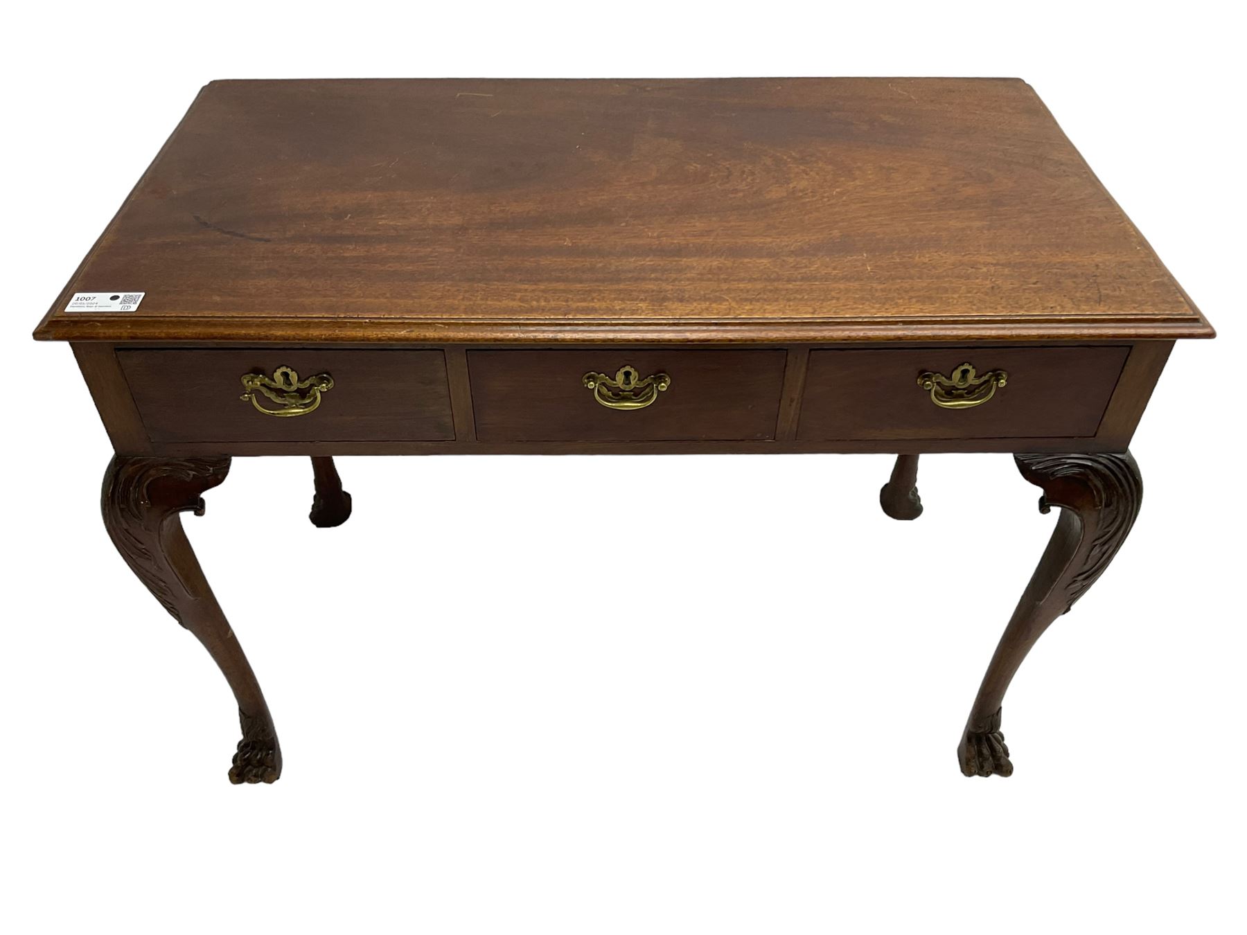 Late 19th century mahogany side table, moulded rectangular top over three drawers, pierced brass handle plates with swan neck handles, on acanthus carved cabriole supports with paw carved feet