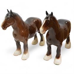 Group of Beswick horses and donkeys, including Connemara pony, a grey gloss stallion and foal, Black Beauty, another foal, two shire horses and two donkeys 