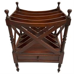 Victorian design mahogany Canterbury, four divisions with x-frame rails and turned upright supports, fitted with single drawer, on turned feet