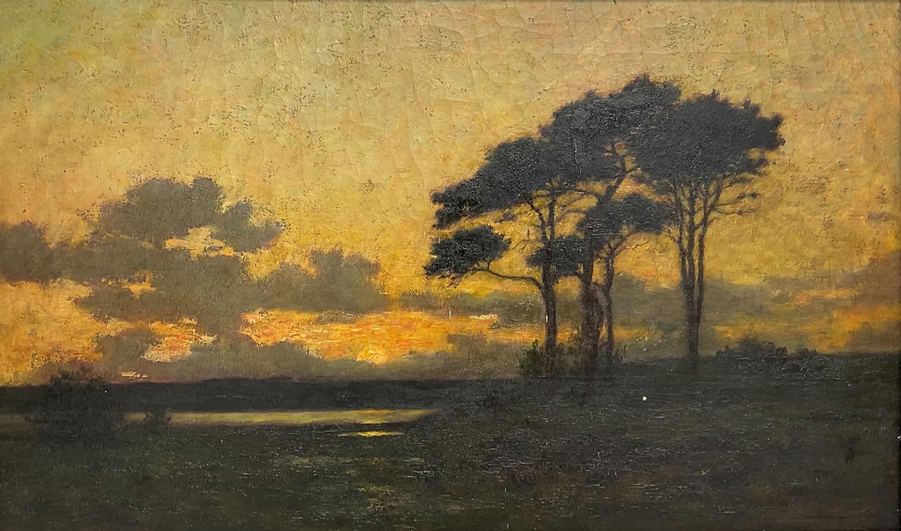 English School (19th century): Sunset over Flatland Landscape with Tree, oil on canvas unsigned 42cm x 70cm