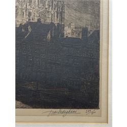 Contiental School (Early 20th century): Antwerp Cathedral and Courtyard, two drypoint etchings indistinctly signed in pencil 47cm x 31cm and 31cm x 25cm (2)