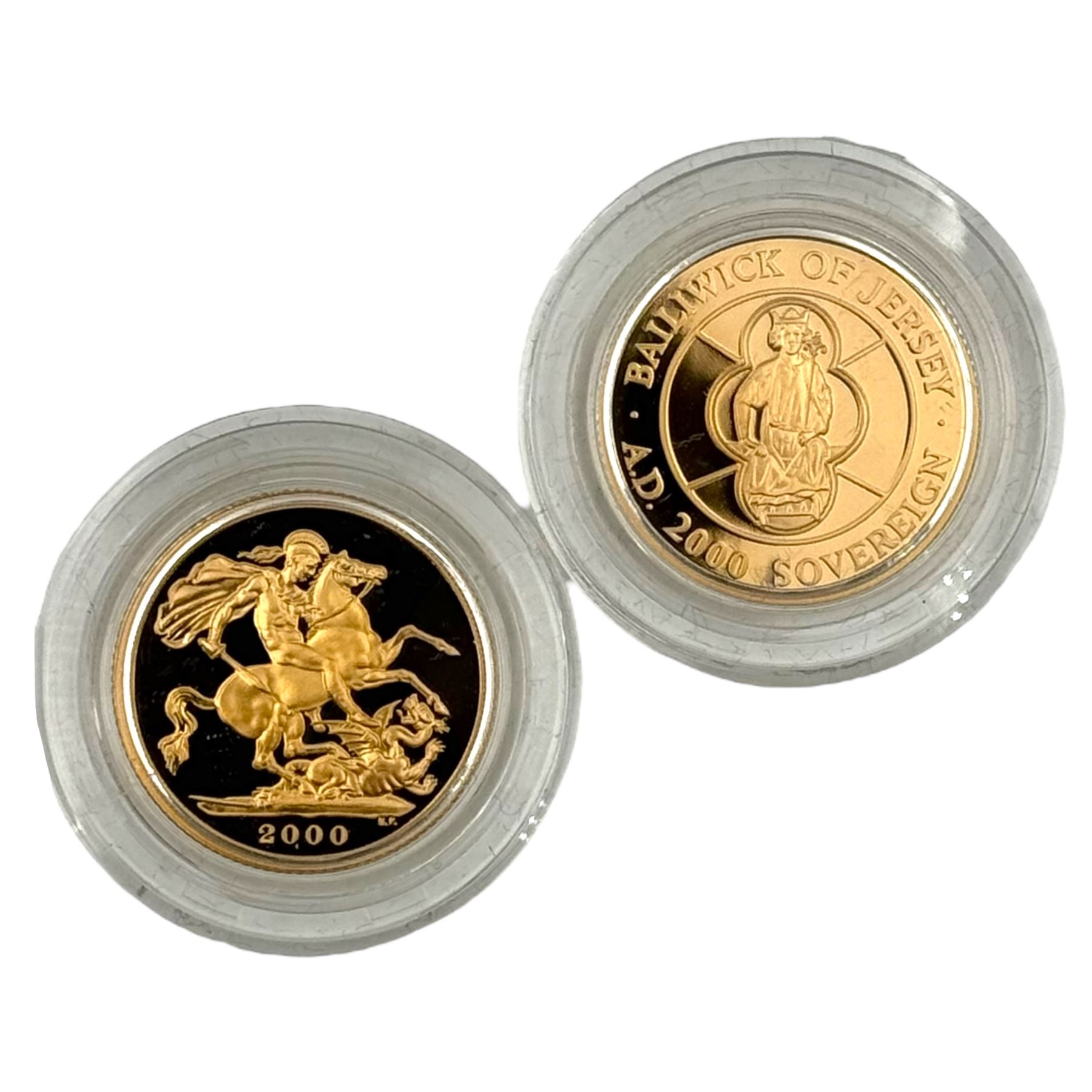 The Royal Mint 2000 gold proof sovereign two-coin set, comprising United Kingdom and Jersey sovereign coins, cased with certificate 