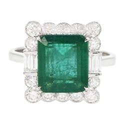 18ct white gold octagonal cut emerald, round brilliant cut and emerald cut diamond cluster...