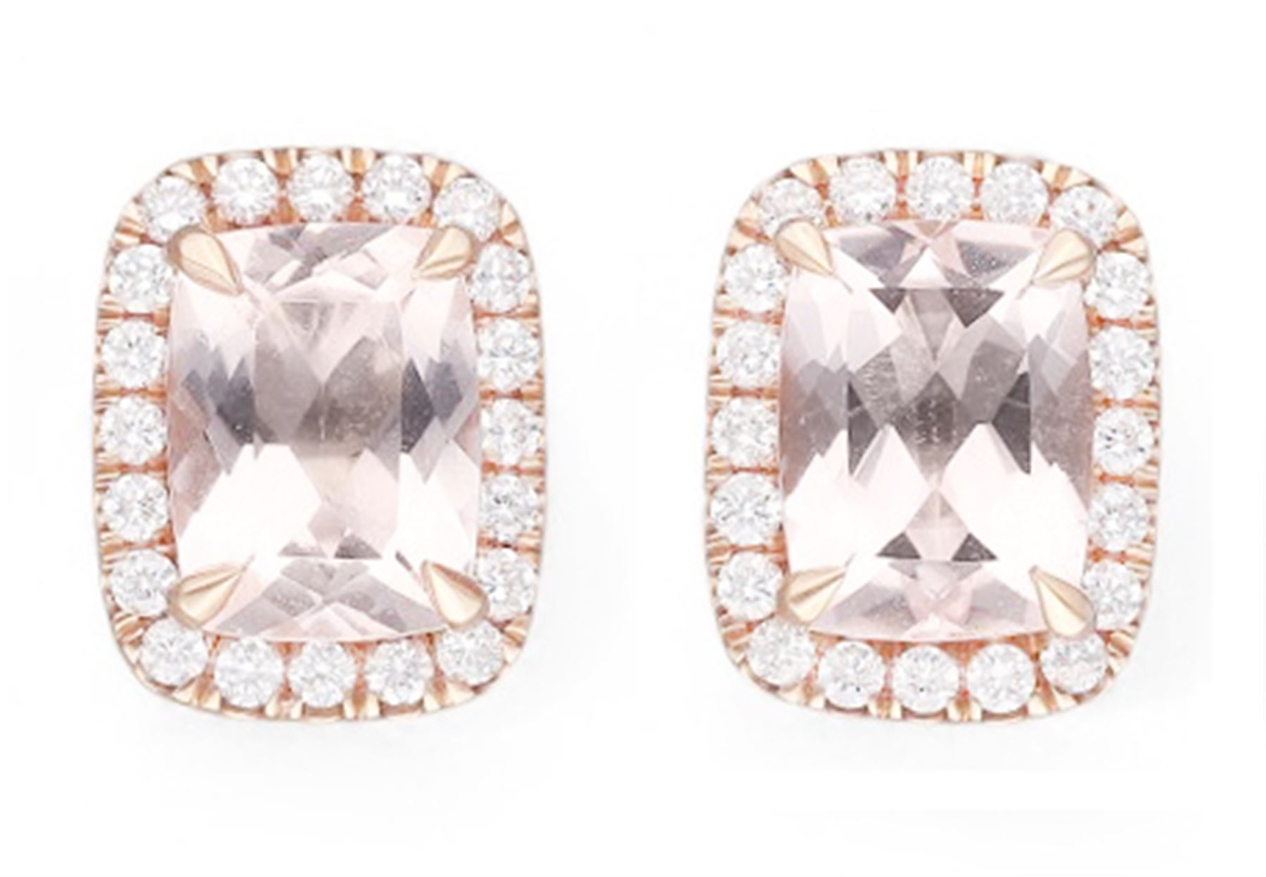 Pair of 18ct rose gold, cushion cut morganite and round brilliant cut diamond halo cluster stud earrings, hallmarked, total morganite weight approx 2.70 carat, total diamond weight approx 0.40 carat