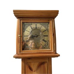 Contemporary Pine longcase clock -  With an early single handed 18th century 30hr movement and dial, movement and dial by Ephraim Dyer of Bideford, 1683-1723, brass dial with a matted dial centre, cast spandrels, single steel hand and chapter ring with Roman numerals, dial pinned to a chain driven birdcage movement with a countwheel strike, striking the hours on a bell. No weight or pendulum.