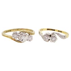 Gold two stone diamond crossover ring, stamped 18ct Plat and a gold three stone diamond crossover ring, hallmarked