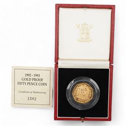 Queen Elizabeth II 1992 - 1993 gold proof dual dated fifty pence coin, cased with certificate