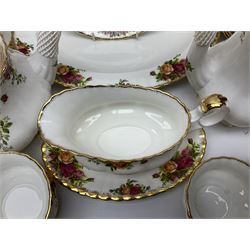 Royal Albert Old Country Roses pattern tea and dinner service, including teapot, coffee pot, two milk jugs, two open sucriers, six teacups and saucers, six dinner plates, six soup bowls, etc  