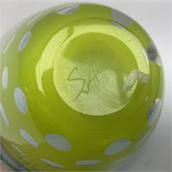 Stuart Akroyd glass vase, blue banded top and lime green opaque lower section with bubble inclusions, with sticker and engraved signature beneath, H15cm