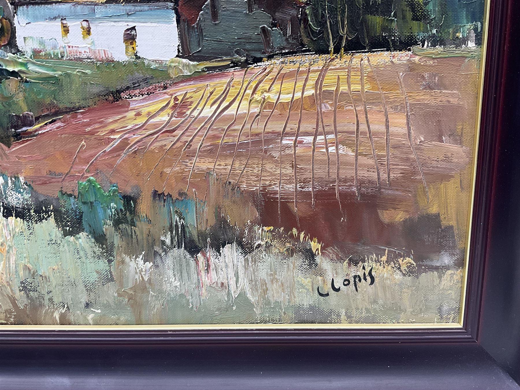 Llopis (Portuguese Contemporary): View Towards the Farm, oil on canvas signed  45cm x 54cm 