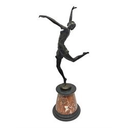 Art Deco style bronze, after Bruno Zach, modelled as a dancer with her arms raised, on a veined marble tapering base signed B. Zach and with foundry seal, H65cm