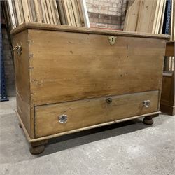 Victorian pine mule chest, rectangular moulded hinged lid, fitted with single drawer, brass carrying handles to each side, on turned feet - THIS LOT IS TO BE COLLECTED BY APPOINTMENT FROM THE OLD BUFFER DEPOT, MELBOURNE PLACE, SOWERBY, THIRSK, YO7 1QY