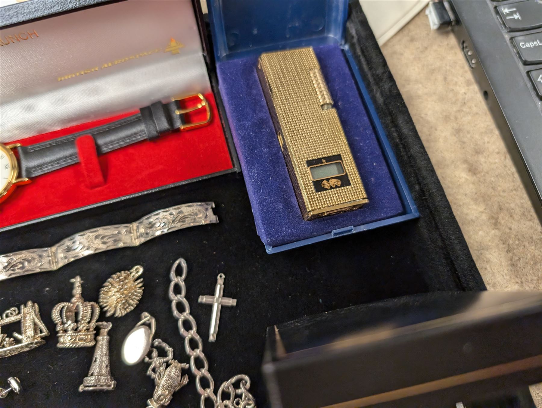 Silver jewellery, including charms, three bracelets and pendant, together with a Seiko wristwatch, Skagen wristwatch, costume jewellery and  a lighter