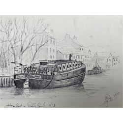 Jack Rigg (British 1927-2023): 'Home Boat on a * Canal', pen and ink sketch signed titled ...