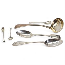 Pair of early 19th century silver scissor action sugar nips, pair of Irish silver tongs Dublin 1833 , another pair Exeter 1875, silver sauce ladle London 1812 Maker Peter and William Bateman, silver snuffig hood on turned wood handle and other items