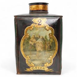 Pair of Victorian toleware shop display tea canisters and covers, numbered 1 & 2 and labelled 'Assam' and 'Green', each of rectangular section, painted with a castle and fort, within a gilt cartouche on black ground, H42cm 