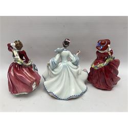 Eight Royal Doulton figures, including Ascot HN2356, Rebecca HN2805, Top o the Hill HN1833 etc