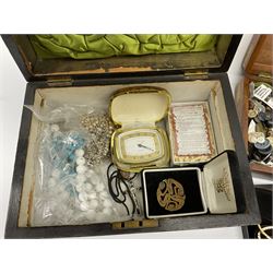 A collection of Vintage and later costume jewellery and wrist watches, to include a ladies Bulova bark effect watch, a silver brooch, hallmarked London import, boxed Webb Corbett paperweight, small Swarovski figure, together with a 19th century burr walnut box, a smaller brass bound mahogany box, etc. 