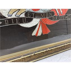 Early 20th century silk needlework panel, depicting a ship in full sail and Royal Coat of Arms to centre, with red and white ensigns to either side, lion and unicorn below with quote 'Dieu Et Mon Droit', upon a black silk ground within gilt frame, H59cm