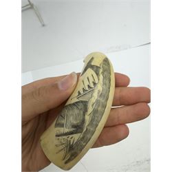 19th century scrimshaw whale tooth, depicting a whale destroying a boat, L9cm