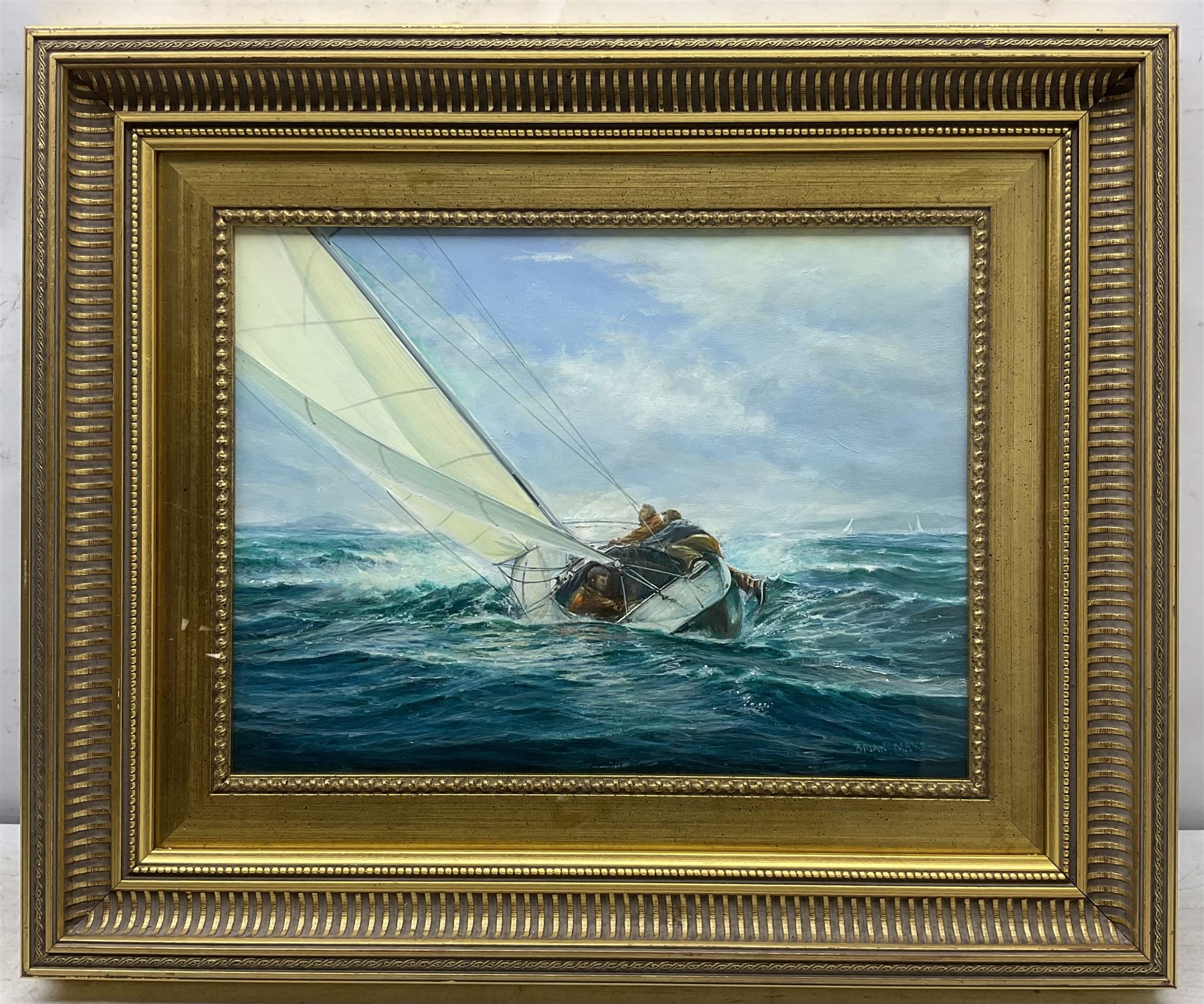 Brian Mays (British 1938-2005): Yacht at Full Tilt in Choppy Waters, acrylic on board signed 29cm x 39cm 
Provenance: direct from the family of the artist.