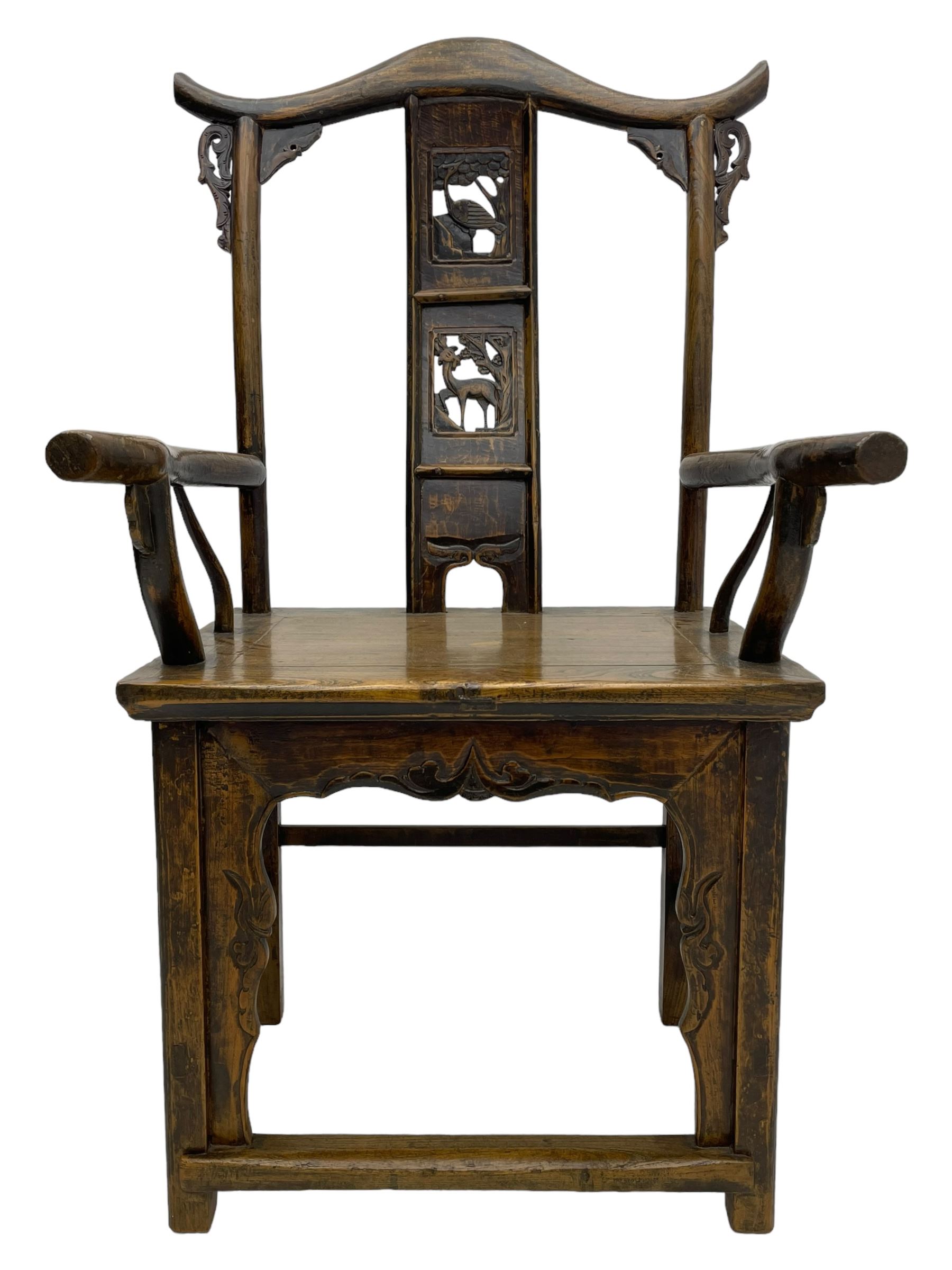 Chinese design elm yoke back 'official's' armchair, the shaped cresting rail over splat decorated with carved and pierced wildlife scenes, shaped projecting arms over rectangular seat, square supports united by plain stretchers, decorated with shaped frame brackets carved with foliage