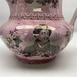 19th century Sunderland lustre jug, with portrait of King George IV and memoriam to the King verso, H19.5cm