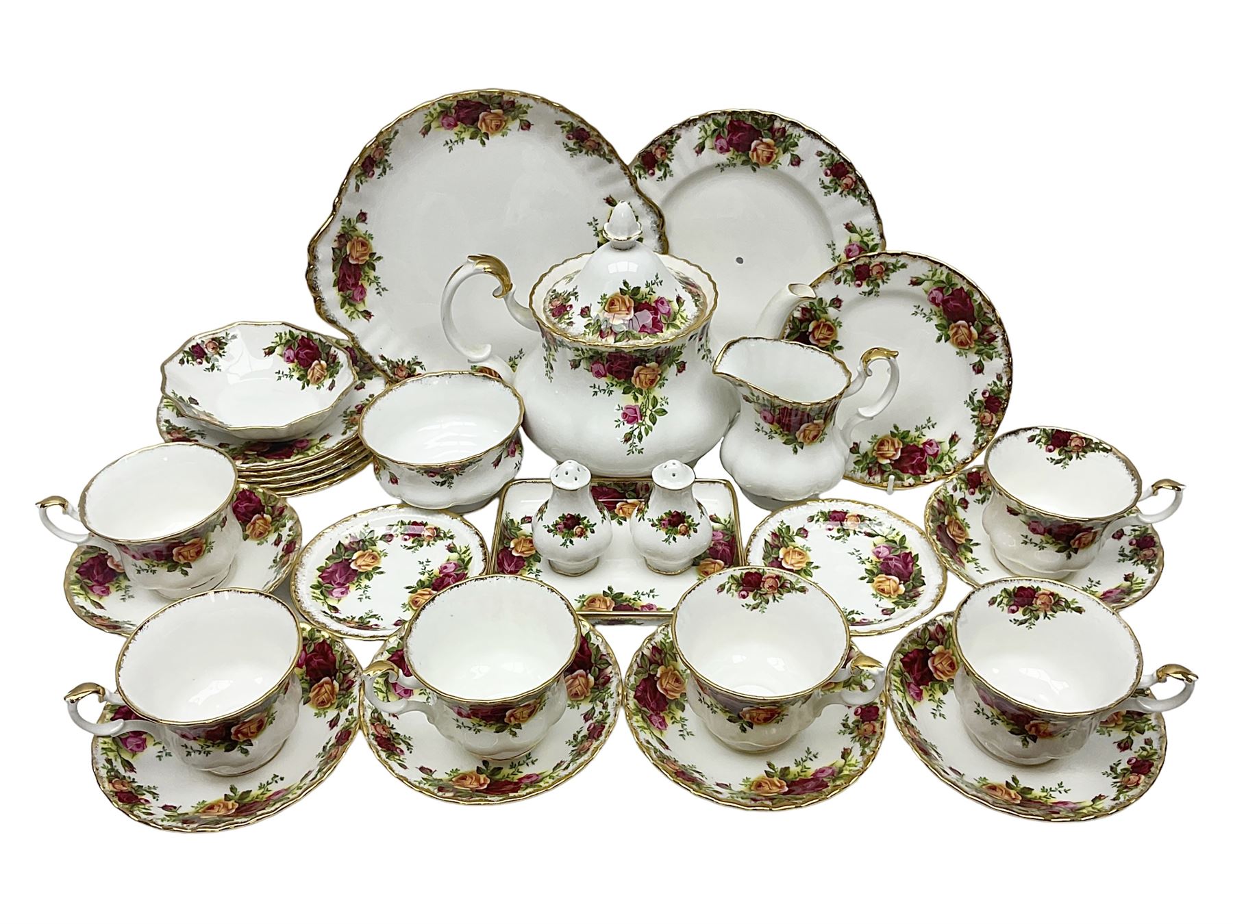 Royal Albert Old Country Roses, tea service for six, comprising teapot, milk jug, open sucrier, teacups and saucers, cake plate, together with other items 