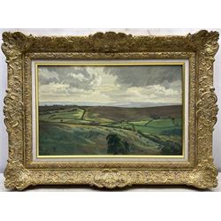 Rachel Ann Le Bas NEAC RE (British 1923-2020): Rolling Hills, oil on canvas signed 30cm x 48cm