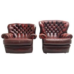 Wade - pair of Georgian design armchairs, high curved back and scrolled arms upholstered in deep buttoned oxblood 'Pegasus' leather, on castors