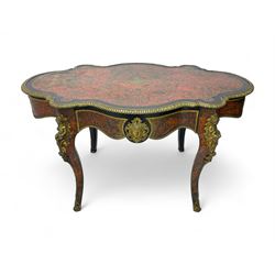 Victorian Louis XV design boulle work centre table, shaped form, decorated extensively with brass and red tortoise shell scroll work, central extending acanthus leaves surrounded by scrolling foliage, gardroon and floral cast brass edge, the frieze rails decorated with further boulle work and green man gilt metal cast masks, the cabriole supports mounted by seated putti mounts on S-scroll brackets surrounded by oak leaves and acorns, ornate scroll and floral cast terminal caps