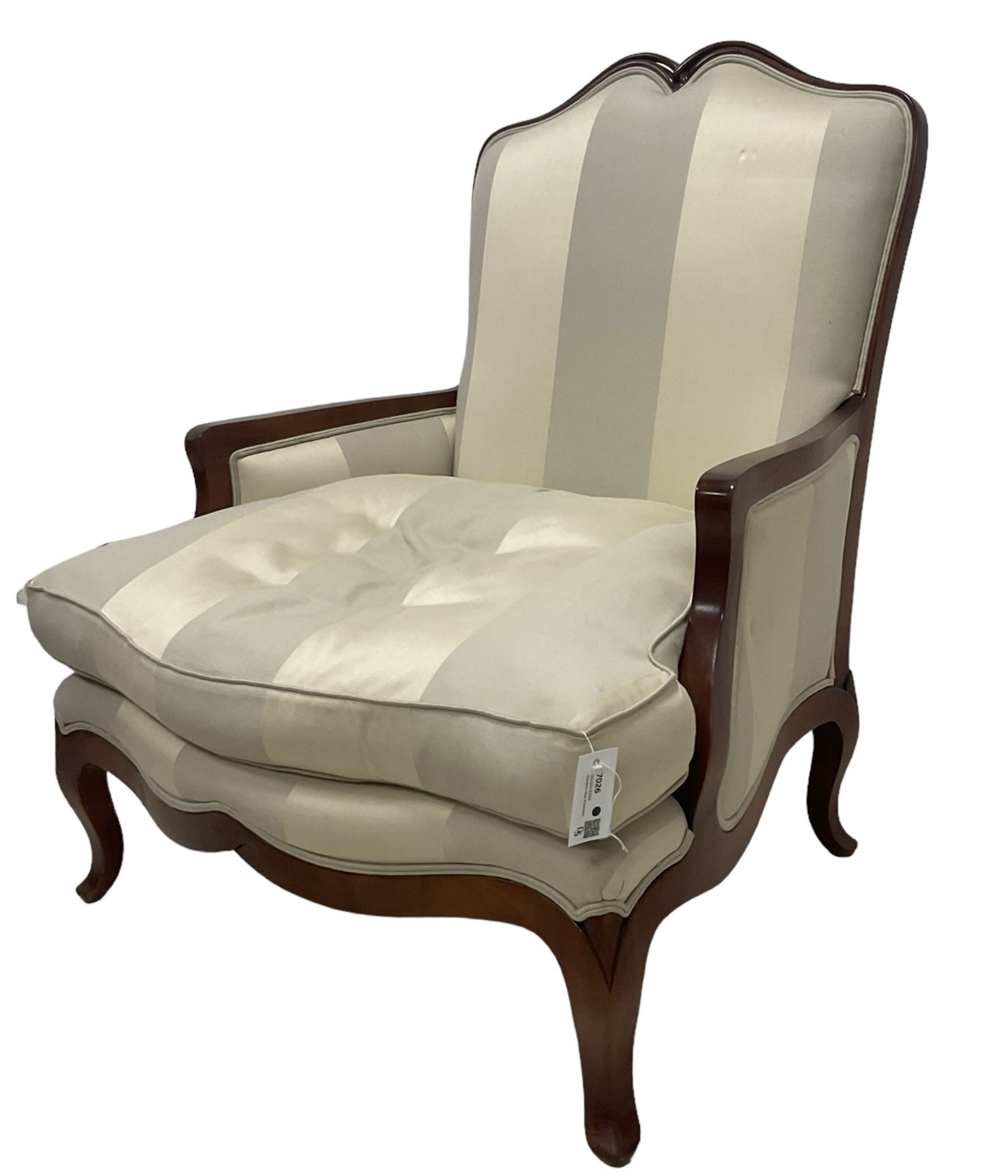 Duresta - French design hardwood-framed wide-seat armchair, shaped cresting rail over curved arms, upholstered in two-tone off-white striped fabric with loose seat cushion, shaped apron and cabriole feet 