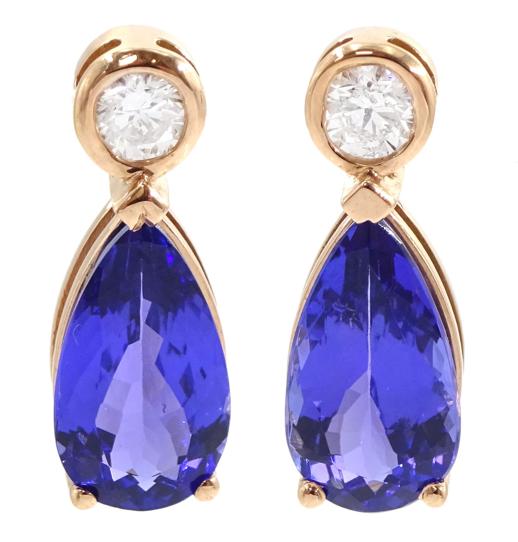 Pair of 18ct rose gold pear cut tanzanite and round brilliant cut diamond pendant stud earrings, total tanzanite weight approx 4.45 carat, total diamond weight approx 0.60 carat 