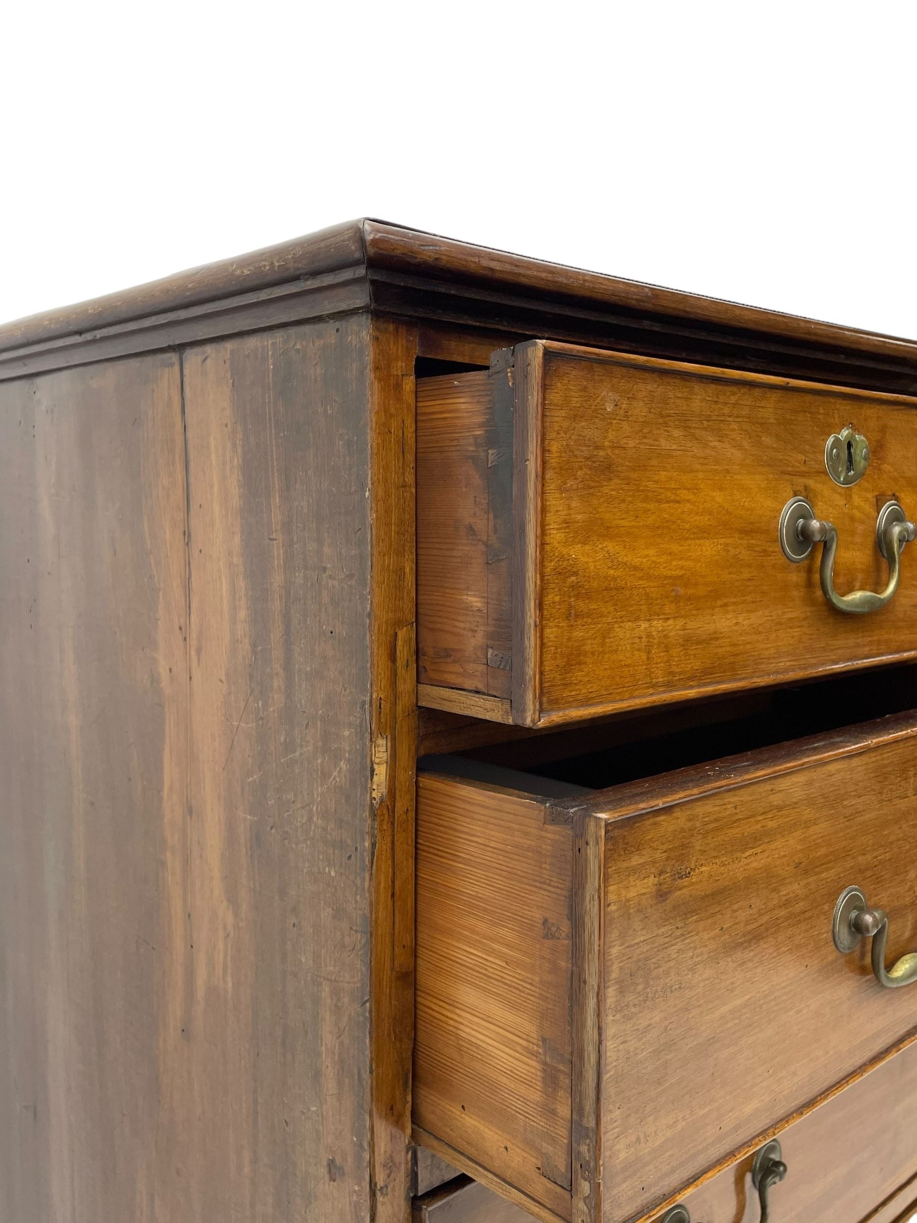 George III mahogany chest, moulded rectangular top over two short and three long cock-beaded drawers, fitted with brass swan neck handles and circular plates, on bracket feet