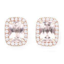 Pair of 18ct rose gold, cushion cut morganite and round brilliant cut diamond halo cluster stud earrings, hallmarked, total morganite weight approx 2.70 carat, total diamond weight approx 0.40 carat