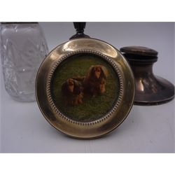 Group of silver mounted items, including cut glass sugar caster, capstan inkwell, circular photograph frame and dwarf candlestick, candlestick H11cm