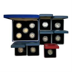 Twelve The Royal Mint United Kingdom silver proof one pound coins, dated 1985, 1987, two 1991, 1996, 1999 piedfort, 2001, two 2003, 2004, 2005 and 2006, all with certificates, cased as singles or sets 