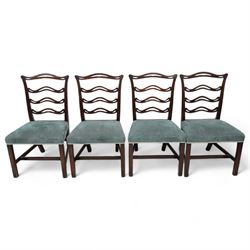 Set of six (4+2) Chippendale Revival stained beech dining chairs, pierced waived ladder backs with over-stuffed seats, on square moulded supports joined by stretchers