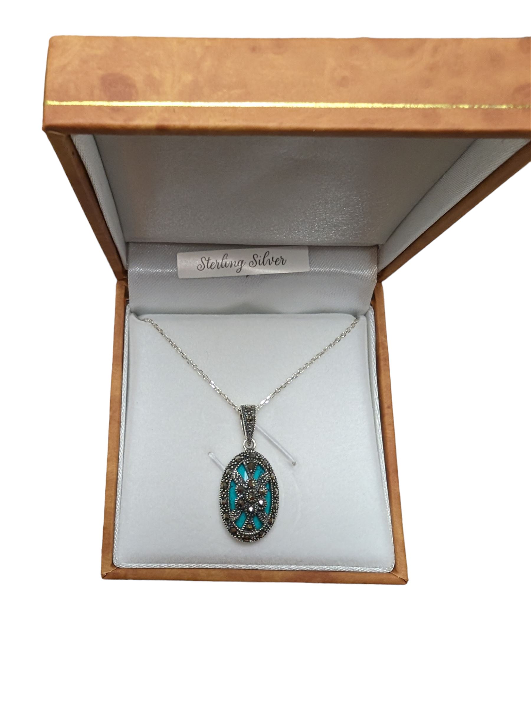 Silver turquoise and marcasite floral pendant necklace, boxed 