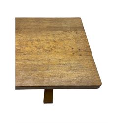 Rabbitman - oak dining table, rectangular adzed top, twin octagonal pillar supports on sledge feet, united by floor stretcher, carved with rabbit signature, by Peter Heap of Wetwang 