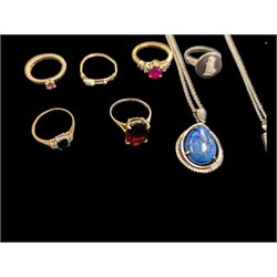 Two gold stone set rings, including 14ct garnet example and a  9ct gold stone set example and silver jewellery including rings, pendants, brooches, etc 