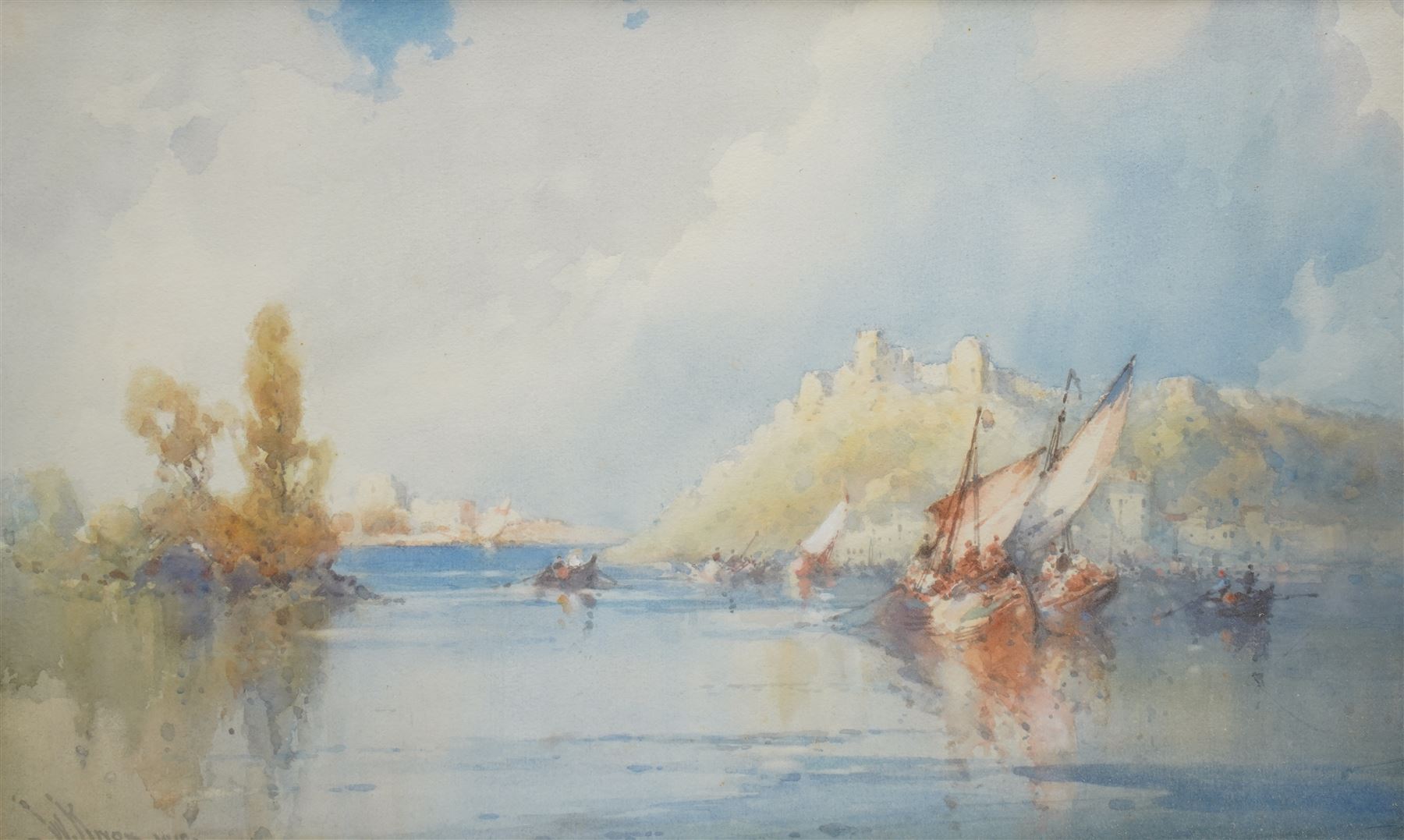 Wilfred Knox (AKA A D Bell) (British 1884-1966): Gondoliers and Sailing Boats off Venice, watercolour singed and dated 1919, 30cm x 49cm