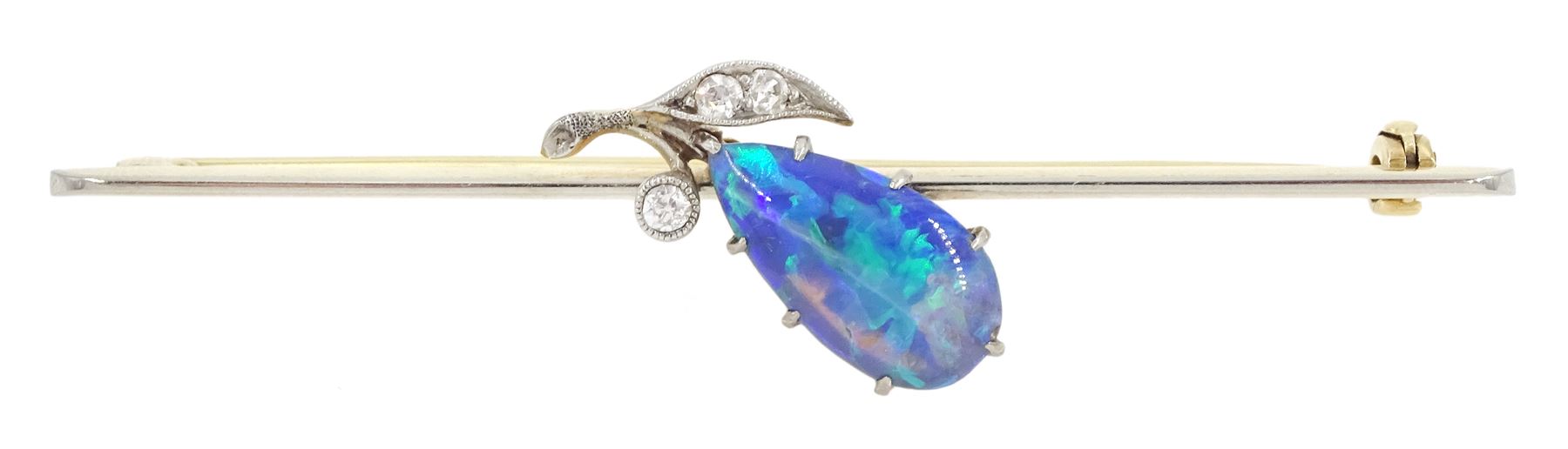 Early 20th century 15ct gold flower bud brooch, cabochon pear cut opal bud and three stone milgrain set old cut diamond leaves