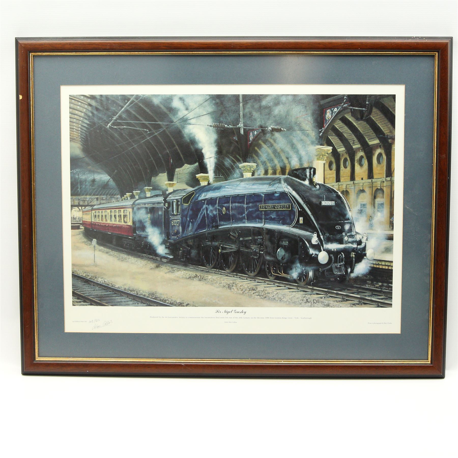 British Rail cream finish signalling lantern, H37cm, a large reproduction Flying Scotsman sign, W100cm, together with two signed railway prints including 'Sir Nigel Gresley', framed (4)